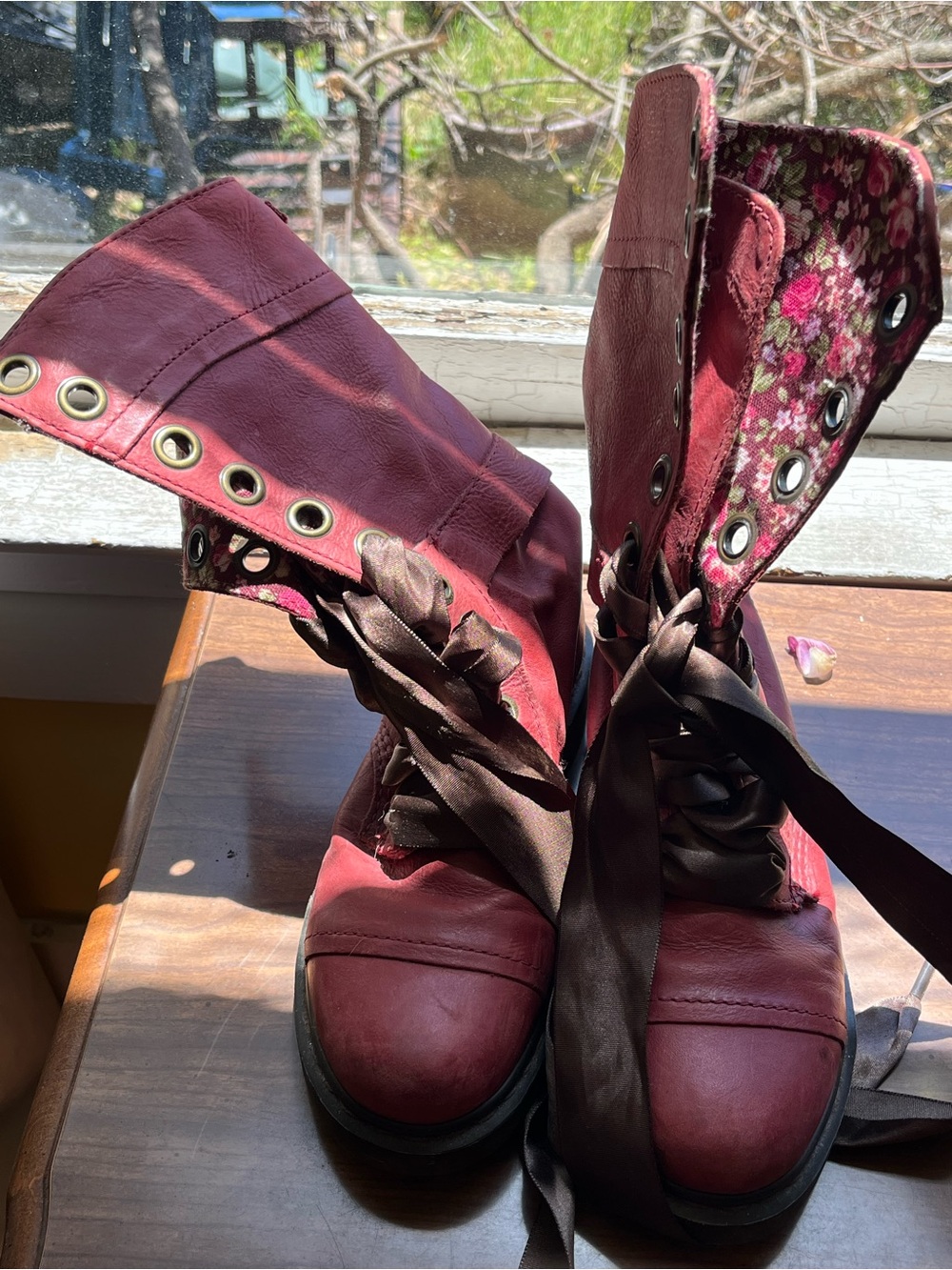 Dr. Martens Triumph 1914 Red Leather Floral Lined Mid-Calf Combat Boots - Picture 2 of 5